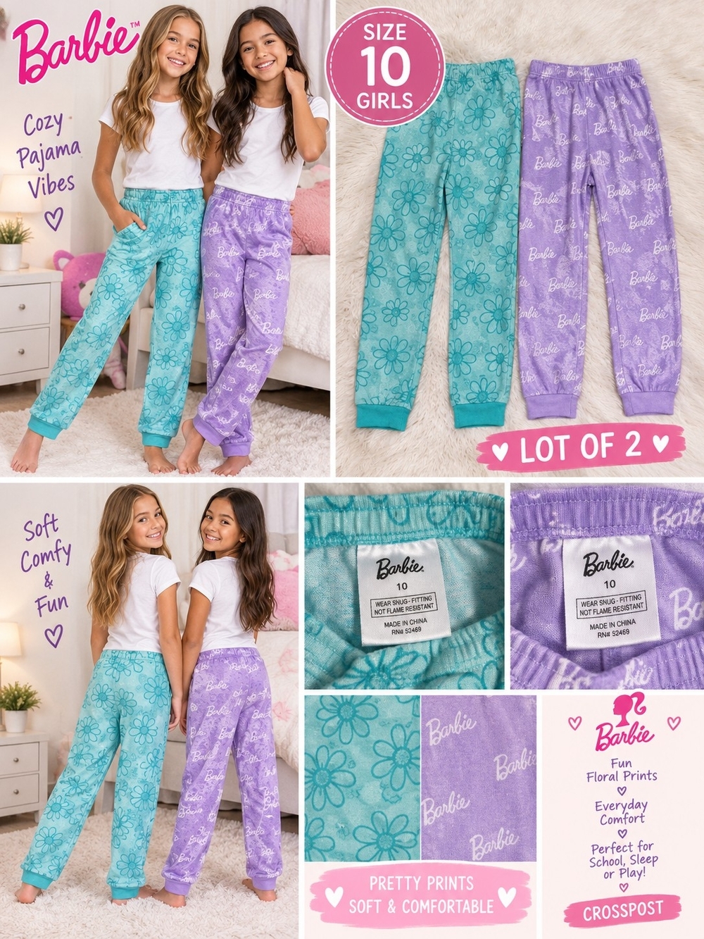 Barbie girls size 10 lot of 2 flower barbie pajama bottoms #33